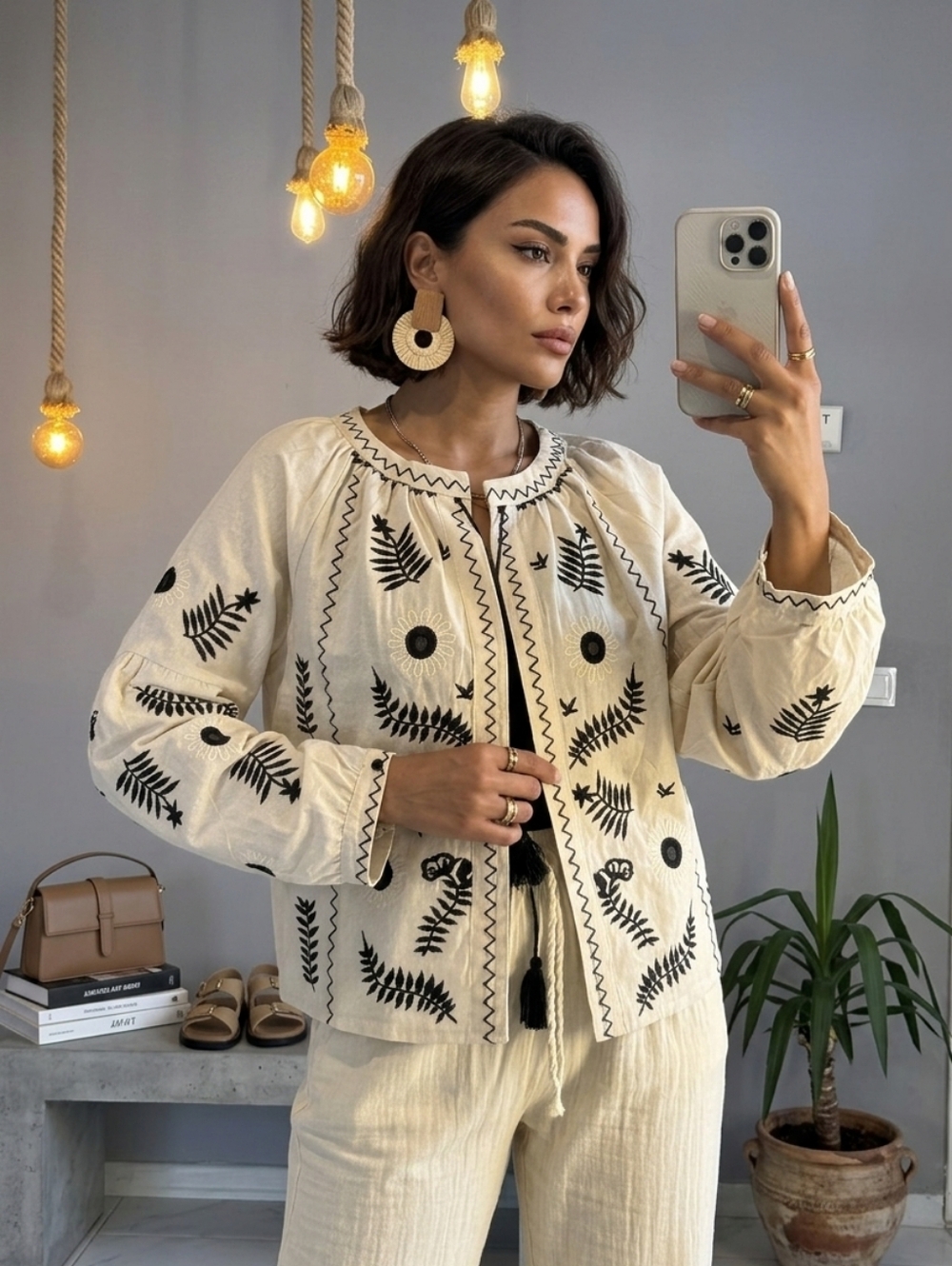 Zara Boho Embroidered Tassel Cardigan Small Cream Black Linen Cotton